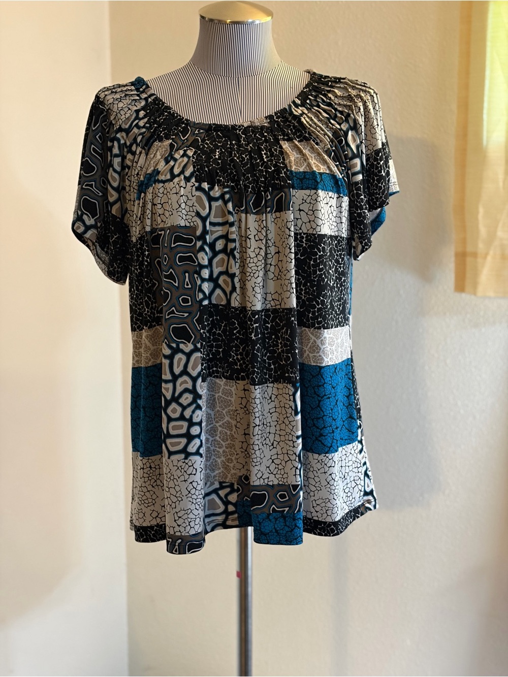 Style & Co. Patchwork Short Sleeve Peasant Top in Teal, Black & Cream